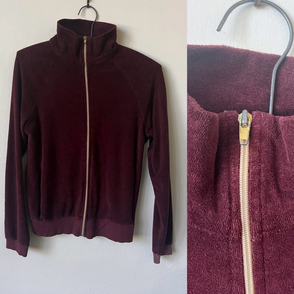 Vintage Velour Burgundy and Tan Track Jacket 1980’s 80’s Velour Sweatshirt